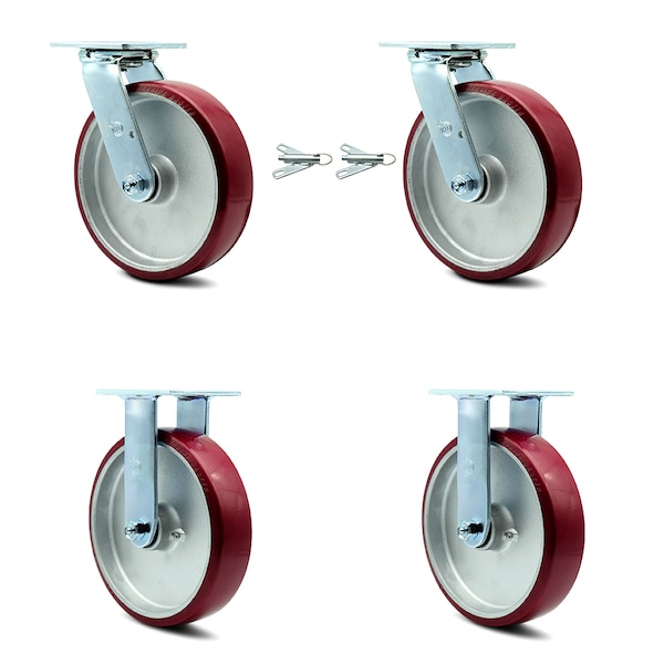 8 Inch Poly on Aluminum Caster Set with Ball Bearings 2 Swivel Lock 2 Rigid SCC
